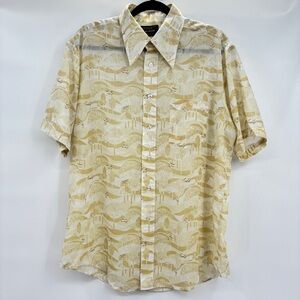 JCPenney Men’s Short Sleeve Button Up Shirt Beige Retro Print Camp Hawaiian XL